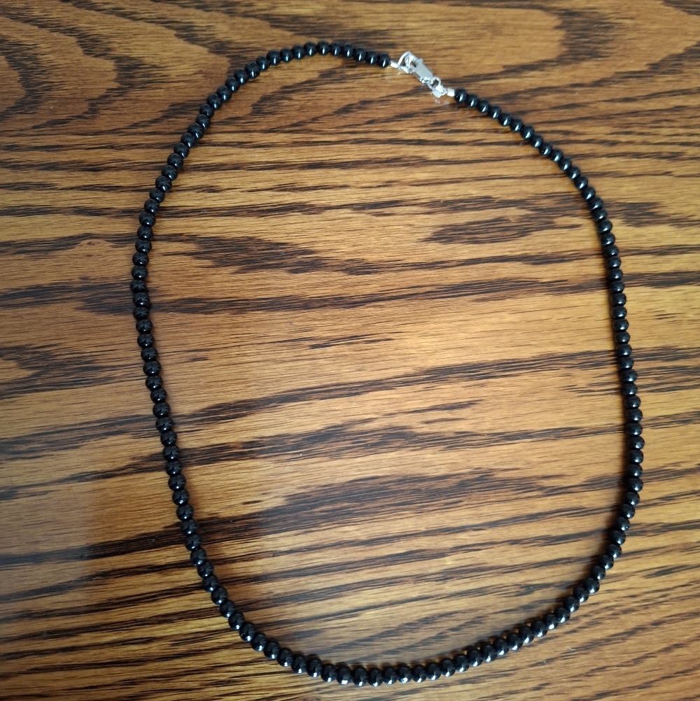 Black Onyx 4mm 20" Natural Beaded Sterling Silver Necklace
